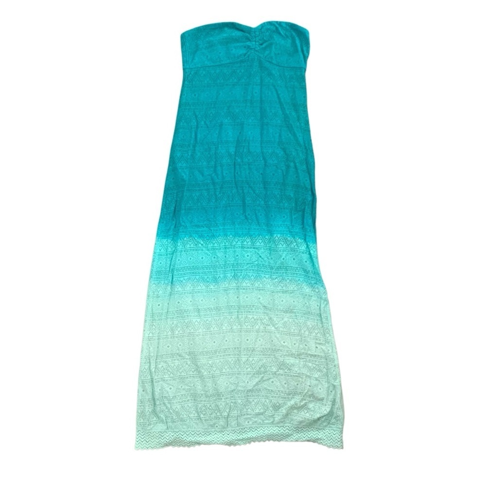 Roxy XL blue aquamarine fade crocheted lace maxi strapless dress cottage surf​​